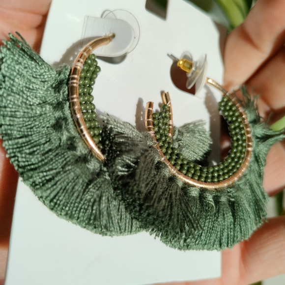 Green Boho Tassel Earrings - Picture 4 of 9